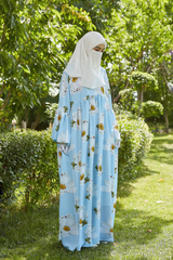 Muna Baby Blue Loose Fit Summer Abaya Dress - Viscose Cotton & Daisy Flower Print