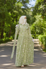 Surayya Kiwi Chiffon Abaya Dress With Floral Print - Ruffled Design