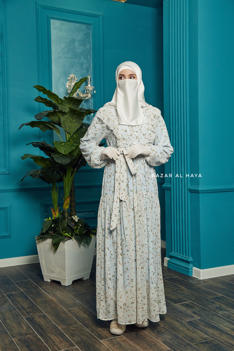 Surayya Light Blue Chiffon Abaya Dress With Floral Print - Ruffled Design