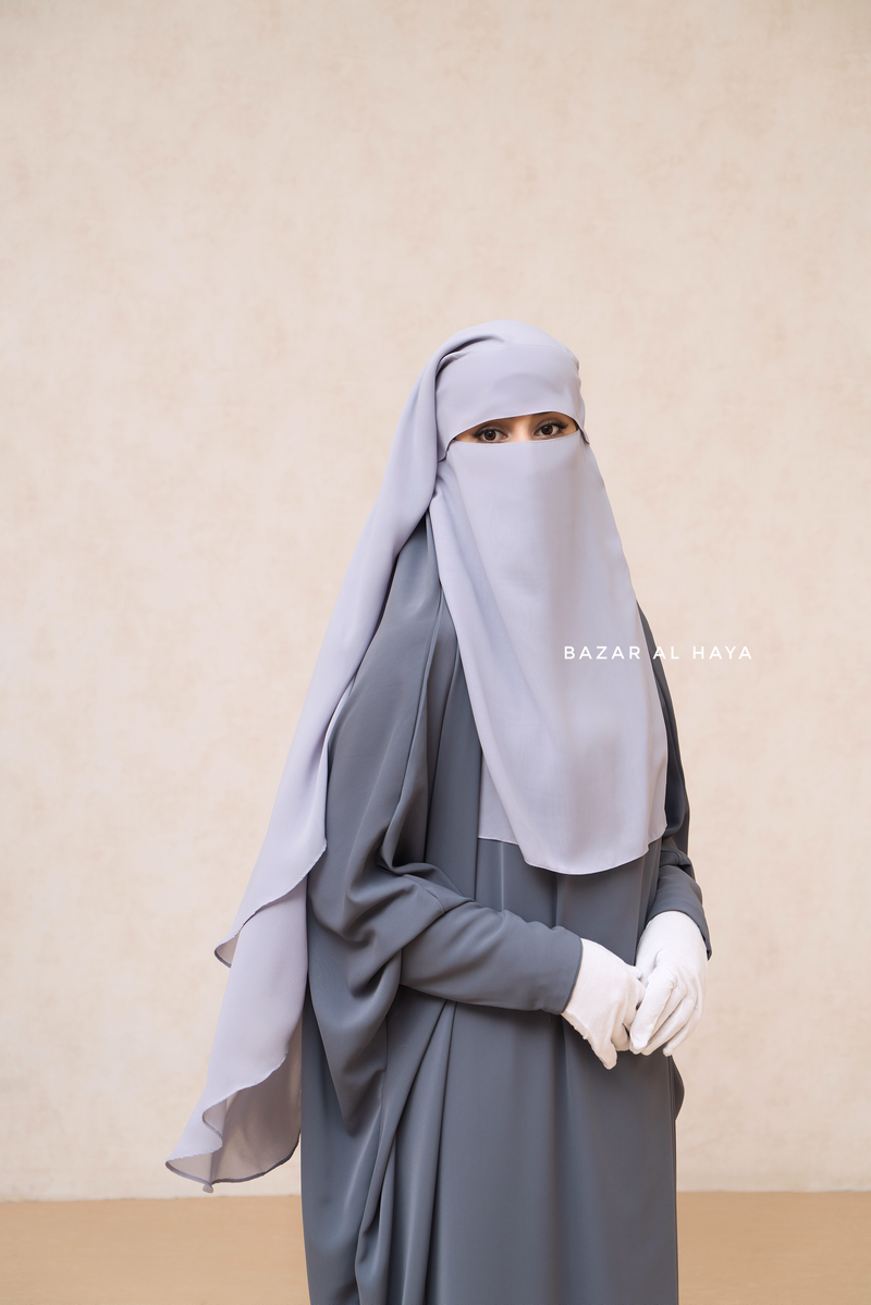 Silver Two Layer Flap Niqab - Premium Wool Chiffon - Medium