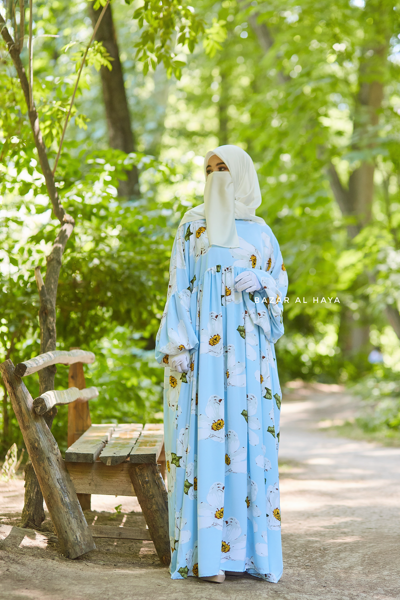 Baby Blue Muna Loose Fit Summer Abaya Dress - Viscose Cotton & Daisy Flower Print