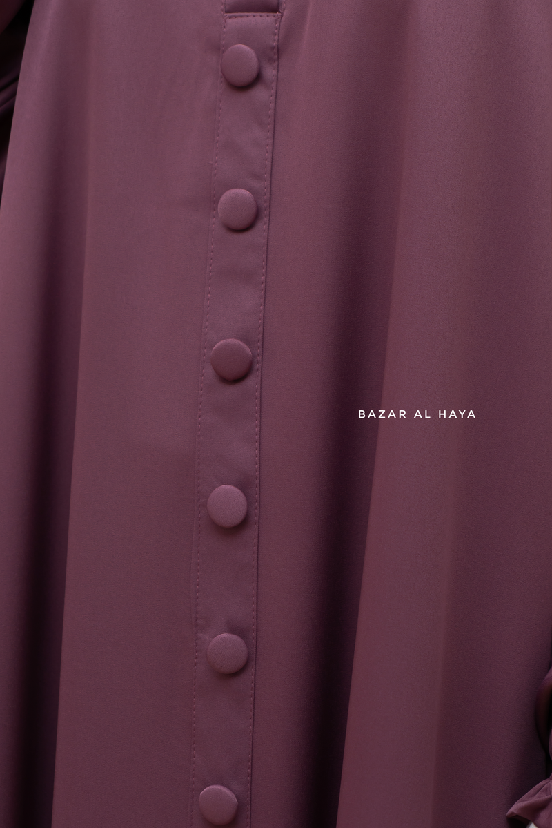 Mauve Safa Loose - Fit Abaya With Button Front - Silk Crepe