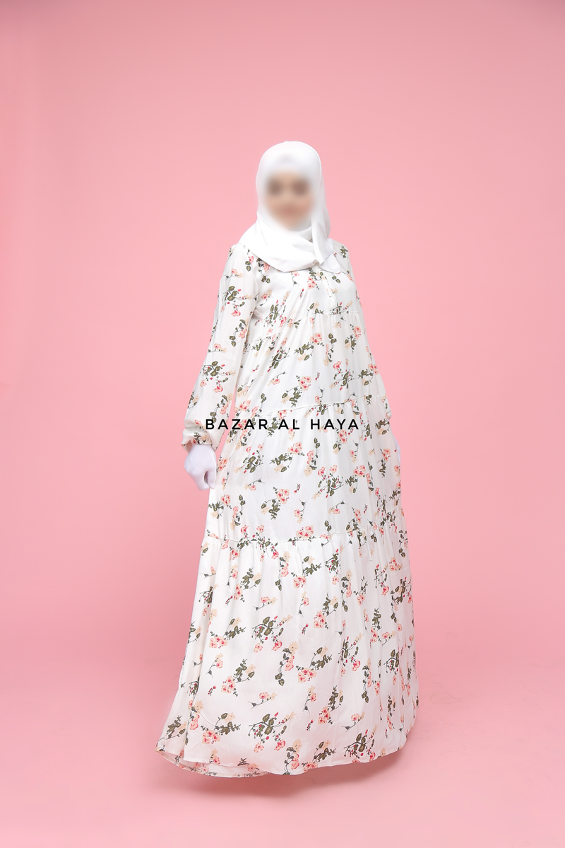 Sadia White Floral Abaya Dress 100% Cotton Summer Tiered Style With Front Zipper