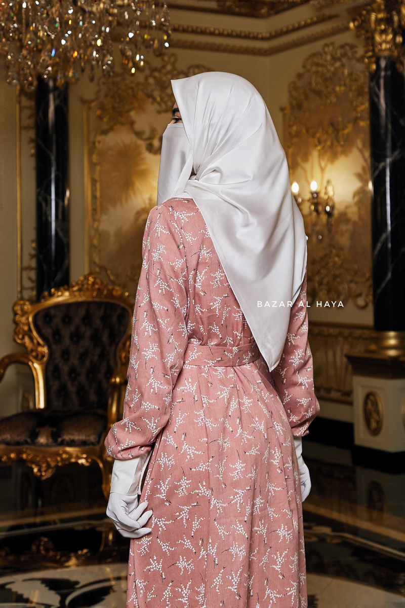 Kamila Salmon Pink Floral Summer Abaya Dress With Belt - Breathable Quality Cotton