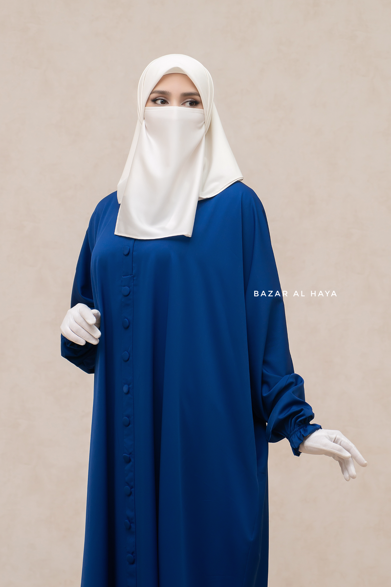 Royal Blue Safa Loose - Fit Abaya With Button Front - Silk Crepe