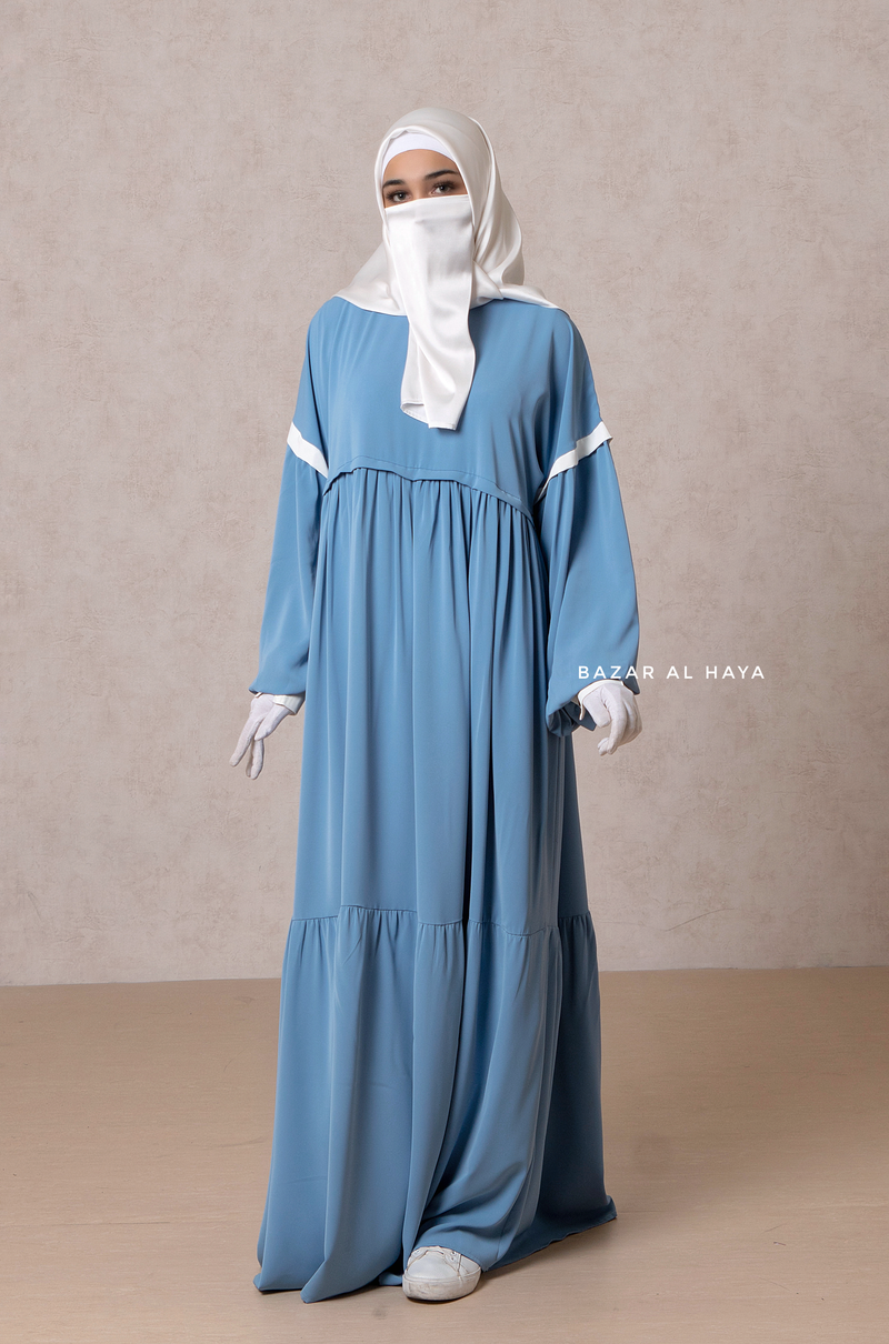 Mubina Sky Blue Tiered Abaya Dress - Loose & Wide In Nidha