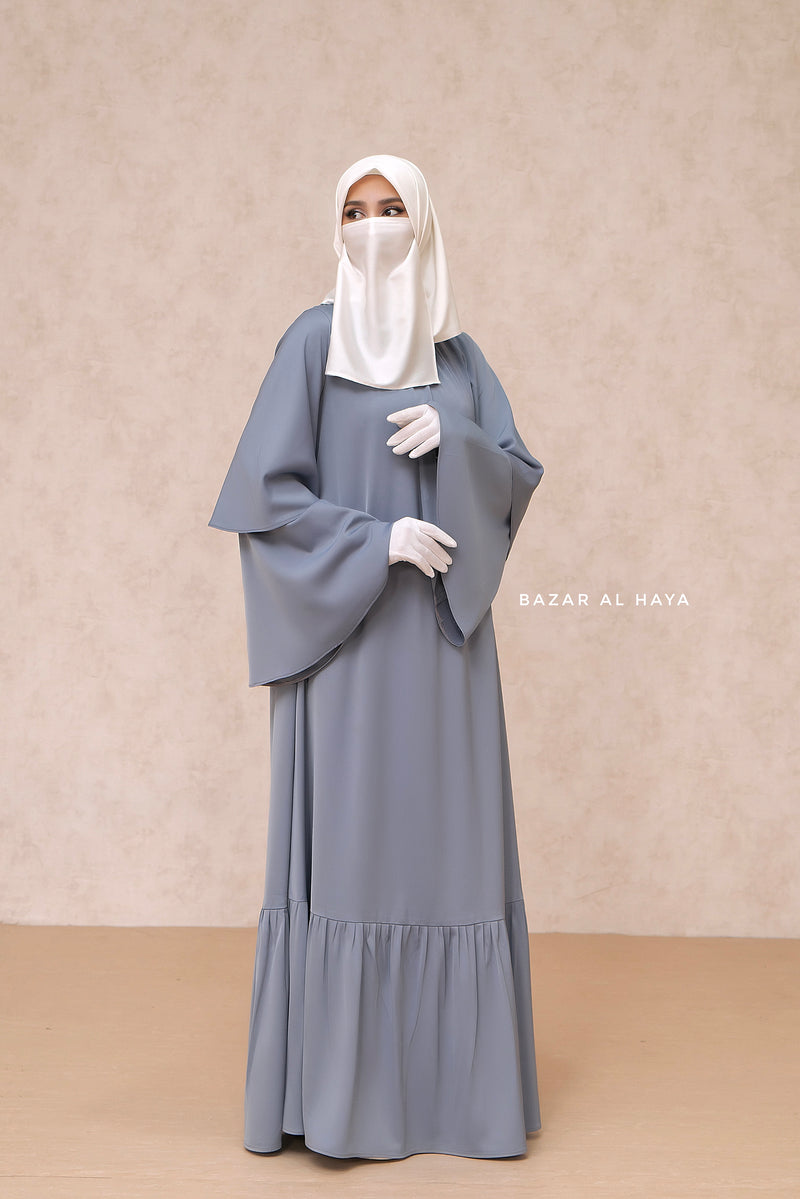 Bushra Dress - Steel Grey Layered Ruffle Sleeve Abaya - Premium Sultansha