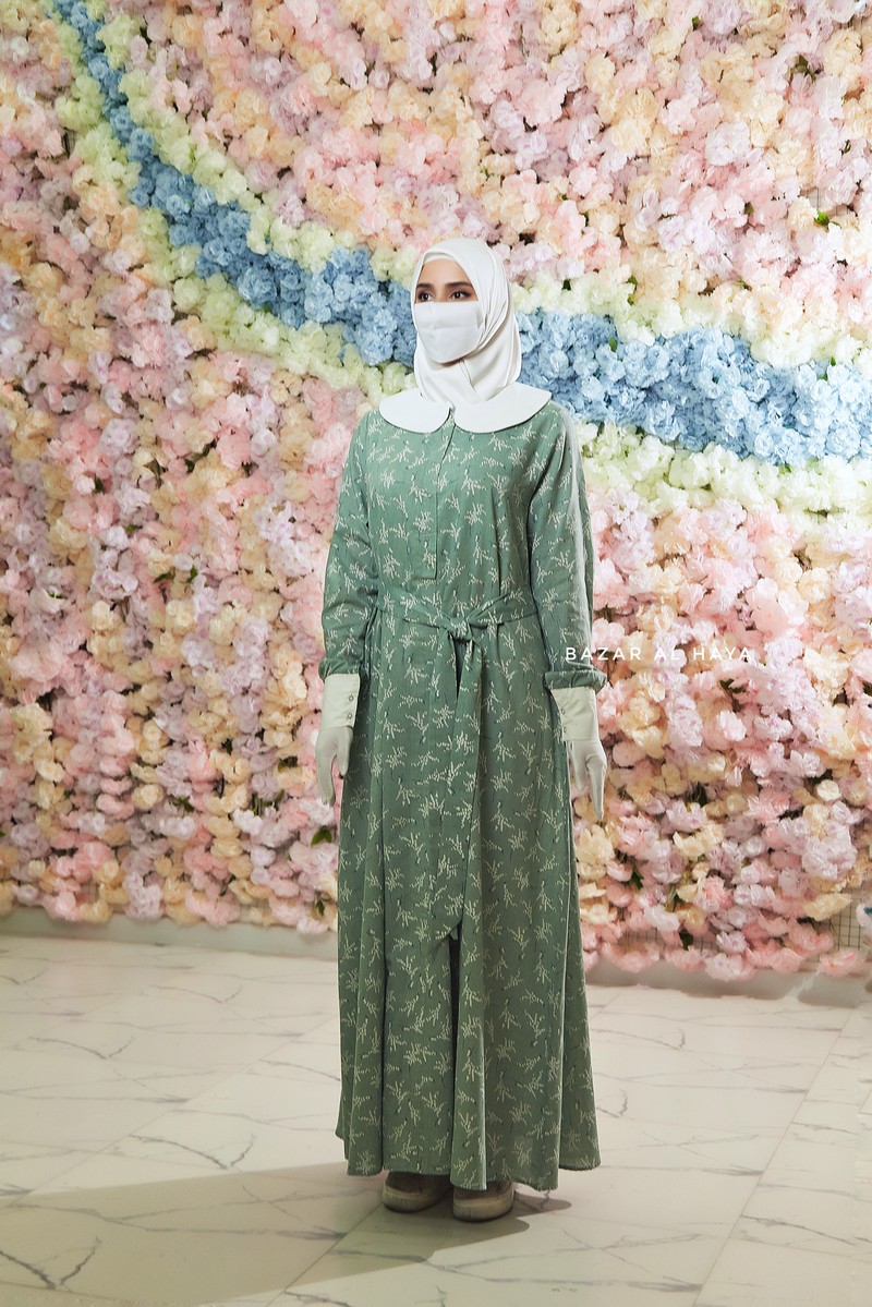 Mint Kamila Floral Summer Abaya Dress With Belt - Breathable Quality Cotton