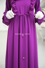 Bright Purple Afsah 3-D Ruffle Embroidery Lightweight Summer Spring Abaya Dress - Soft Breathable Crepe Cotton