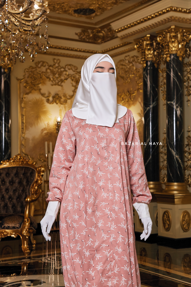 Kamila Salmon Pink Floral Summer Abaya Dress With Belt - Breathable Quality Cotton