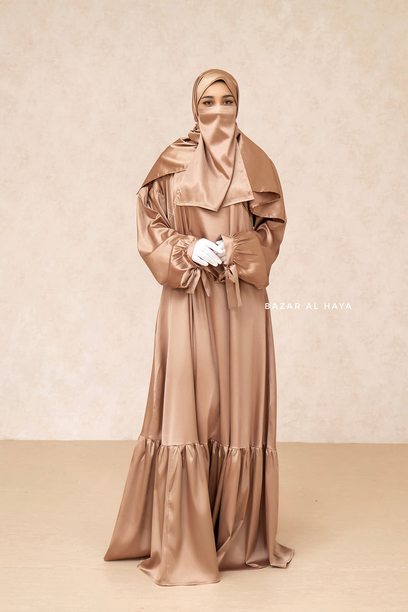 Bazar Al Haya Cappuccino Elegant Shaheen Satin Dress Scarf Slip Dress Set 3 Piece S