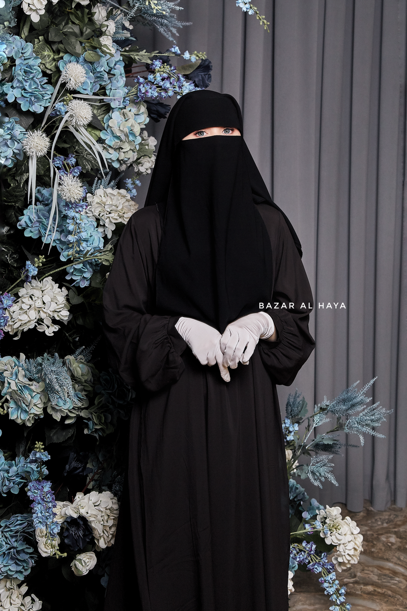 Two Layer Black Flap Niqab - Premium Wool Chiffon - Medium