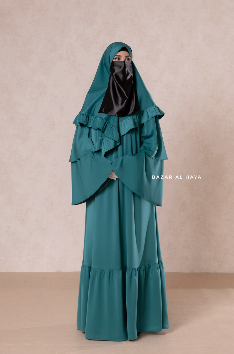 Bushra Dress - Jade Green Layered Ruffle Sleeve Abaya - Premium Sultansha