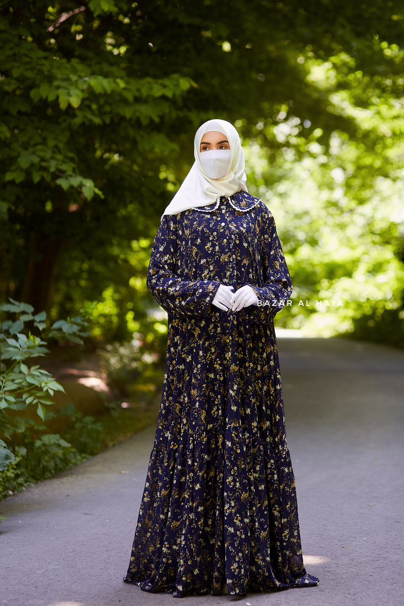 Anisa Midnight Blue Floral Chiffon Dress With Belt - Full Snap Button Front