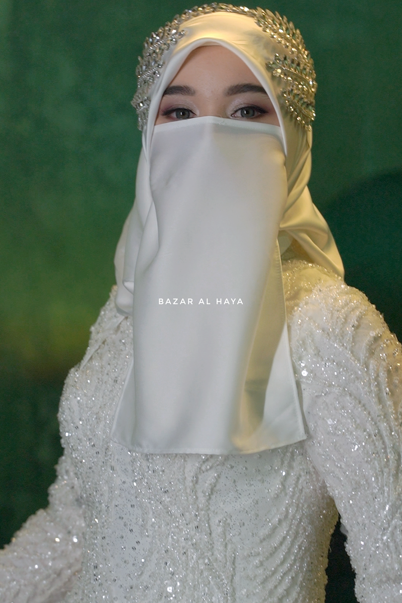 White Bridal Satin Half Niqab - Elegant & Modest Wedding Veil