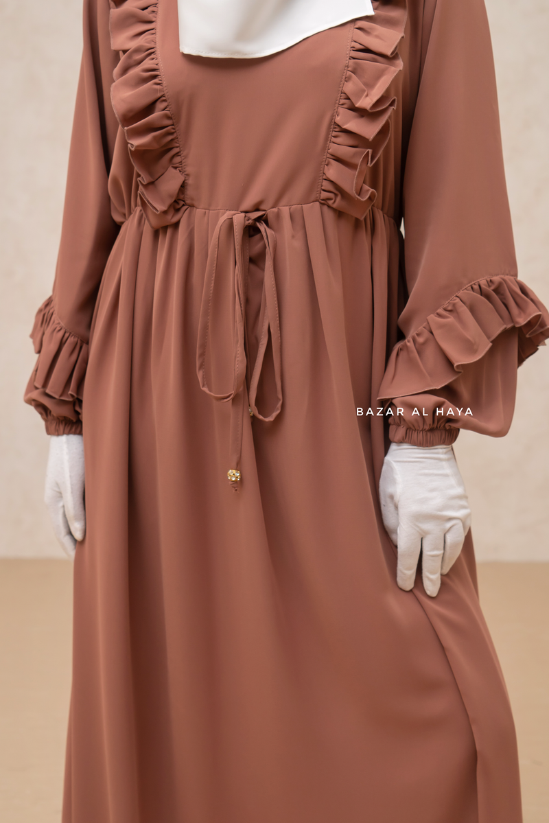 Afsah Cappuccino Ruffle Lightweight Summer Spring Abaya Dress - Soft Breathable Crepe Cotton