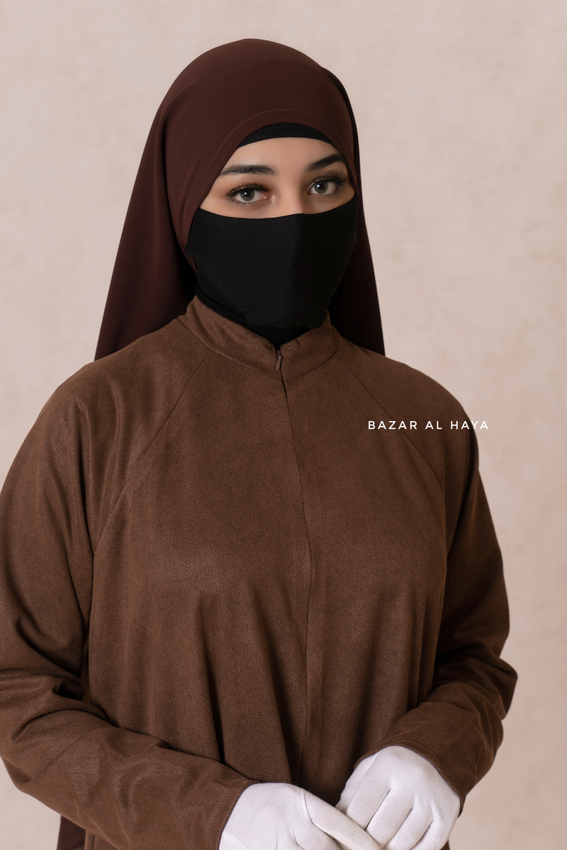 Chocolate Yamina Front & Sleeve Zipper Abaya Dress With Side Pockets - Textured Suede