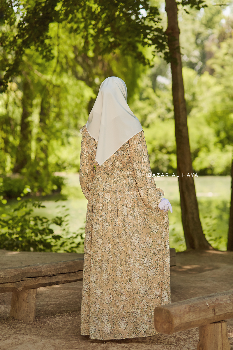 Surayya Almond Chiffon Abaya Dress With Floral Print - Ruffled Design