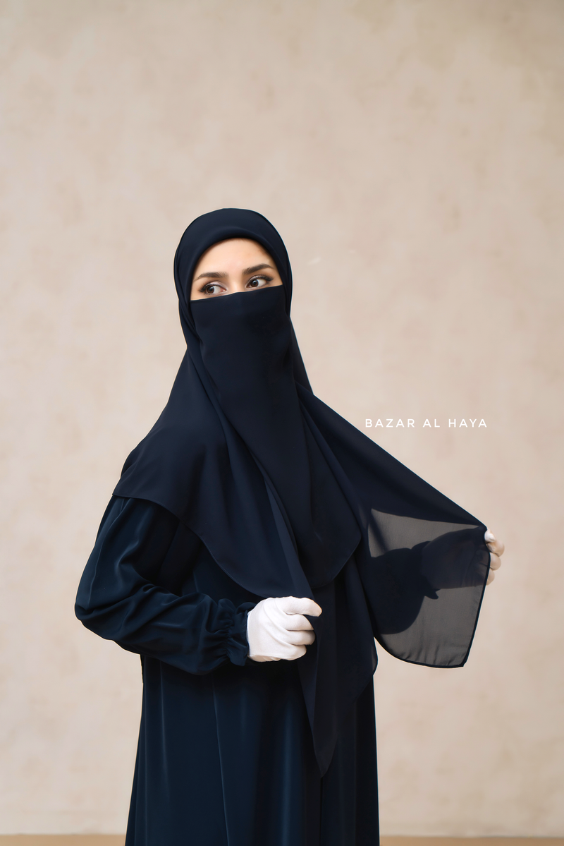 Dark Blue Square Scarf With Half Niqab Set - Super Breathable - Medium