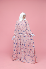 Sadia Pink Floral Abaya Dress 100% Cotton Summer Tiered Style With Front Zipper