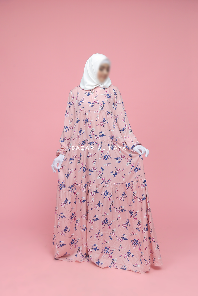 Sadia Pink Floral Abaya Dress 100% Cotton Summer Tiered Style With Front Zipper