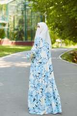 Sadia Ivory/Blue Floral Dress In 100% Cotton Summer Tiered Style Abaya - Front Zipper