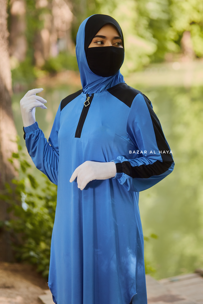 Shuruq Blue Modest Swimwear Three Piece Set With Swimdress, Khimar, & Pants - Enjoy The Comfort