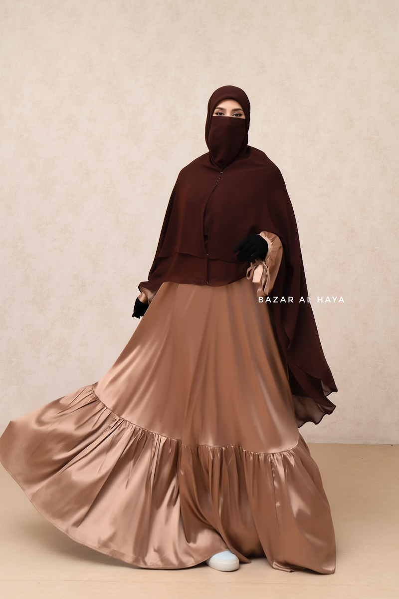 Brown Two Layered Snap Scarf, Khimar, Cape - Super Soft - 3 in 1