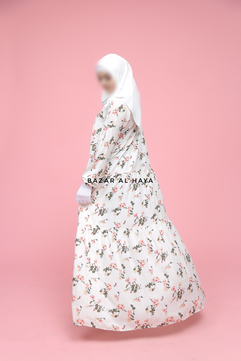 Sadia White Floral Abaya Dress 100% Cotton Summer Tiered Style With Front Zipper