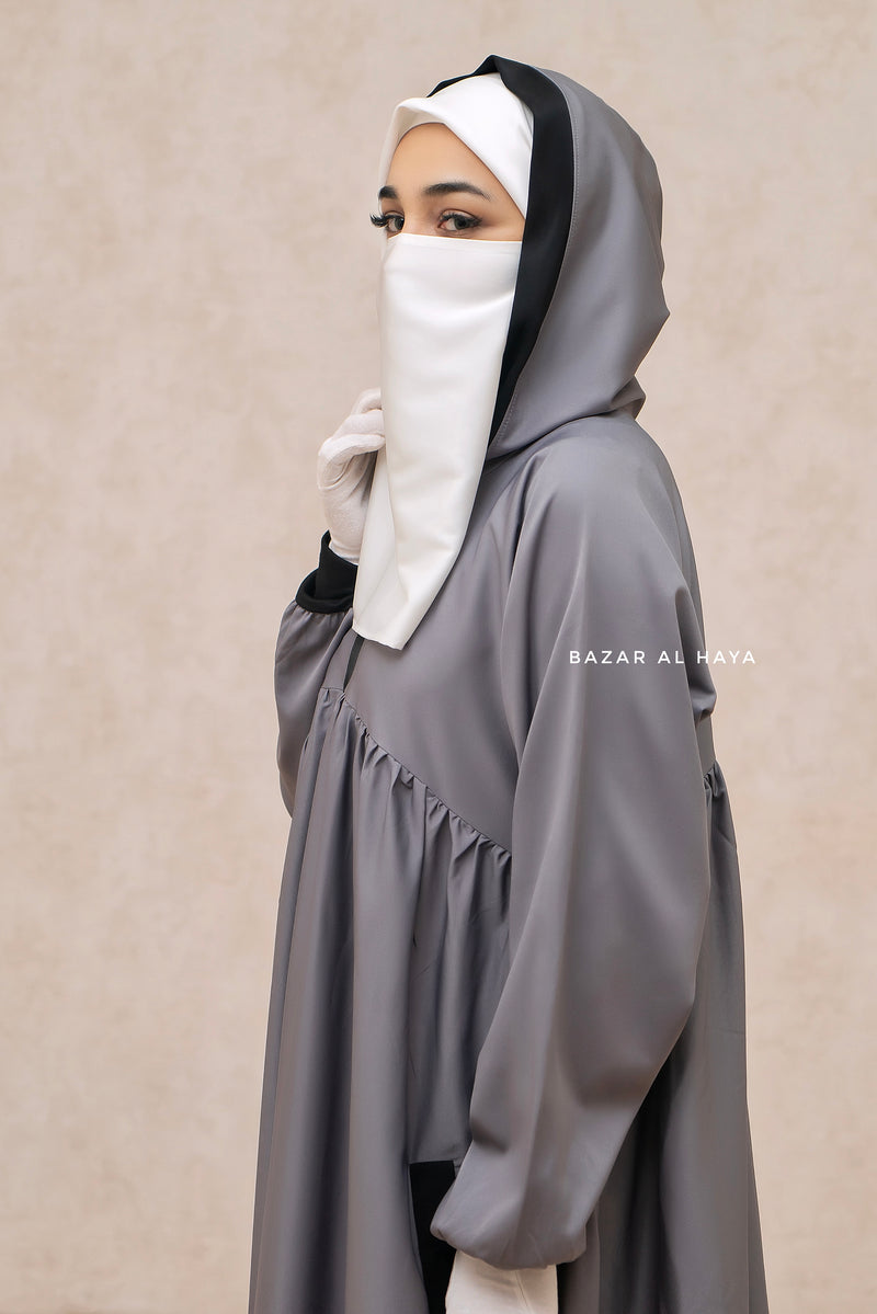 Kalina Grey Hooded Silk Crepe Abaya Dress With Pockets - Mediumweight