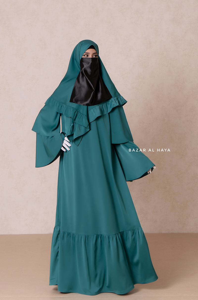 Bushra Dress - Jade Green Layered Ruffle Sleeve Abaya - Premium Sultansha