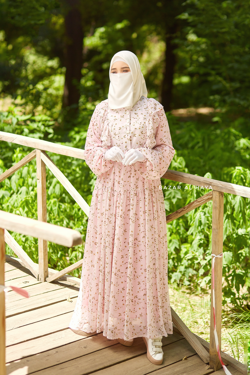 Surayya Pink Chiffon Abaya Dress With Floral Print - Ruffled Design – Bazar  Al Haya