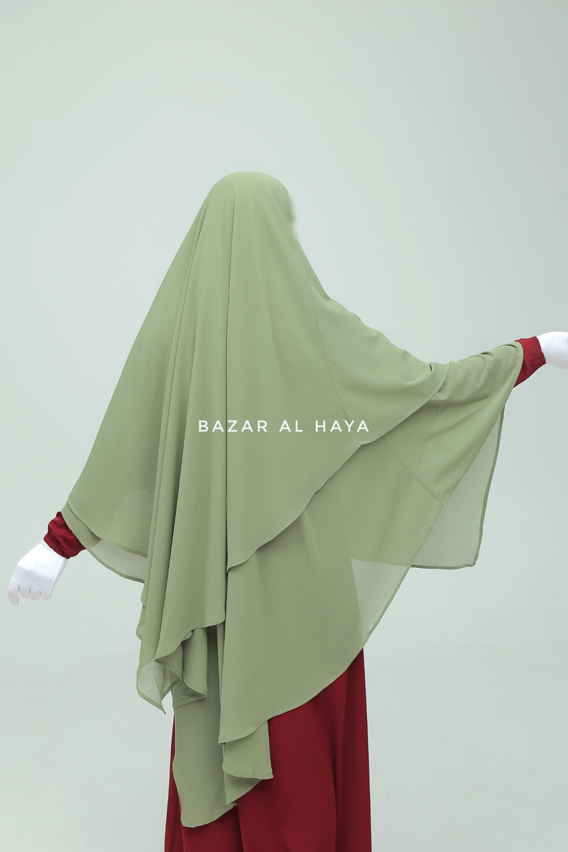 Light Olive Pari Two Layered Maxi Diamond Khimar - Crepe Chiffon