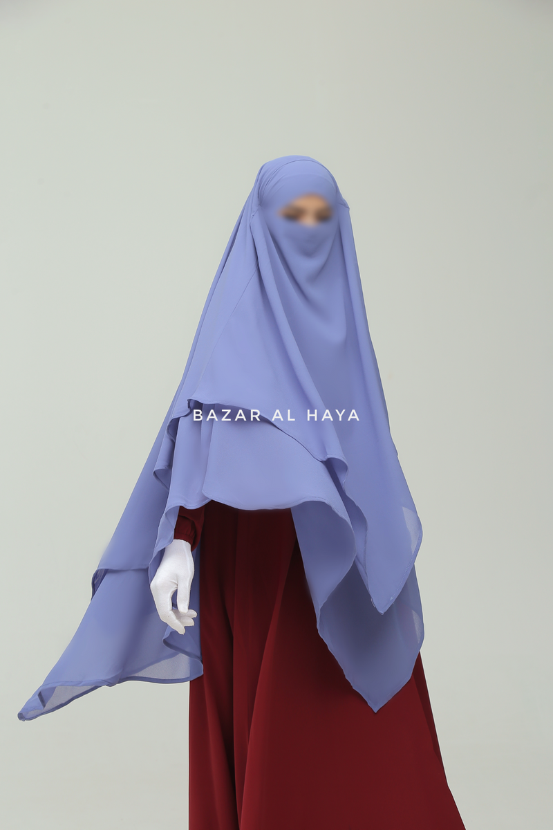 Slate Blue Pari Two Layered Maxi Diamond Khimar - Crepe Chiffon