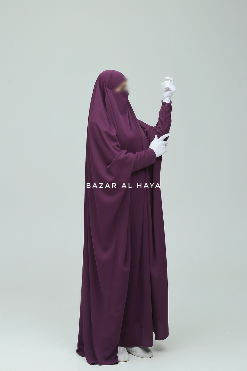 Sarah One Piece Purple Jilbab - Zipper Sleeves - Silk Crepe