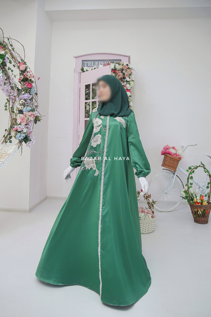 Farha Emerald Moroccan Embroidered Luxurious Silk Kaftan Abaya
