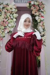 Nabeela Burgundy Dress With Lace Shoulder Detail - Premium Velour