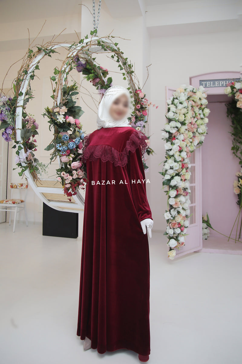 Nabeela Burgundy Dress With Lace Shoulder Detail - Premium Velour