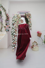 Nabeela Burgundy Dress With Lace Shoulder Detail - Premium Velour