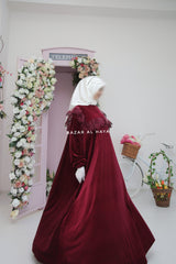 Nabeela Burgundy Dress With Lace Shoulder Detail - Premium Velour