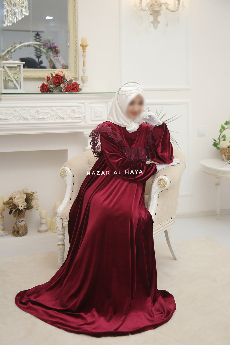 Nabeela Burgundy Dress With Lace Shoulder Detail - Premium Velour