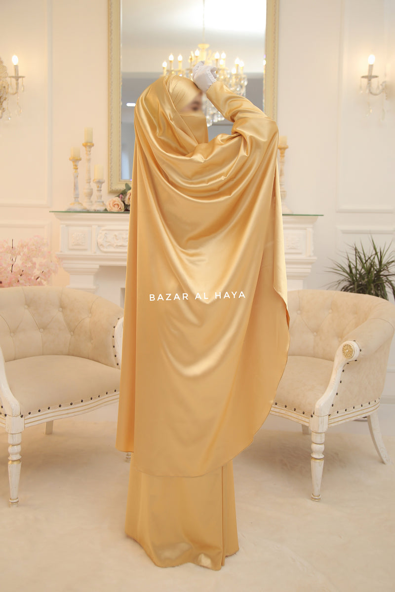 Yellow Gold Latifa Two Piece Satin Jilbab With Skirt - Long & Loose