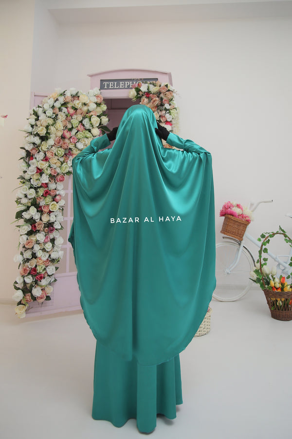 Teal Latifa Two Piece Satin Jilbab With Skirt - Long & Loose