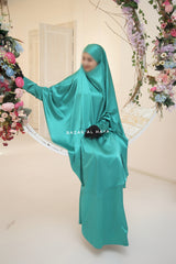 Teal Latifa Two Piece Satin Jilbab With Skirt - Long & Loose