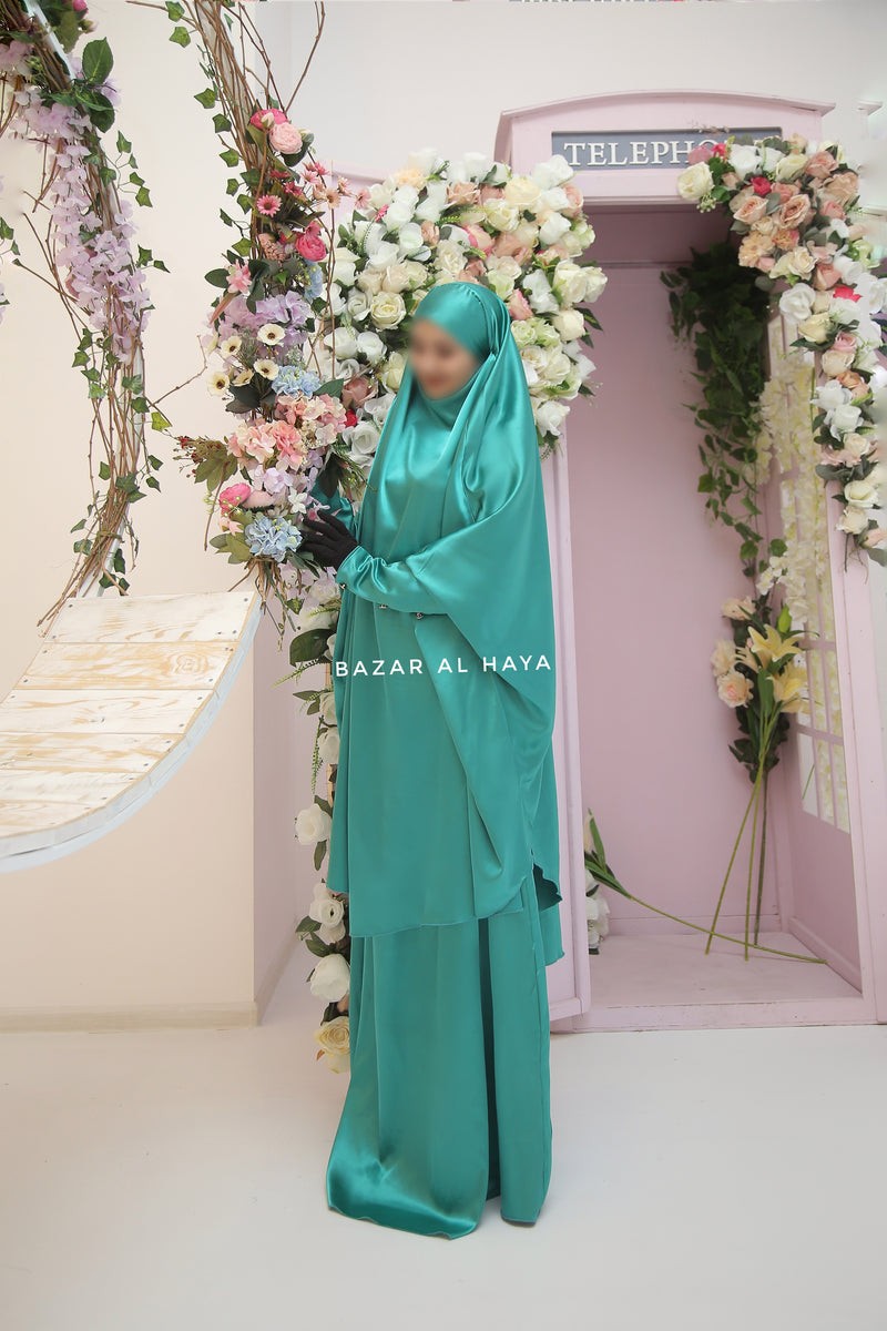 Teal Latifa Two Piece Satin Jilbab With Skirt - Long & Loose