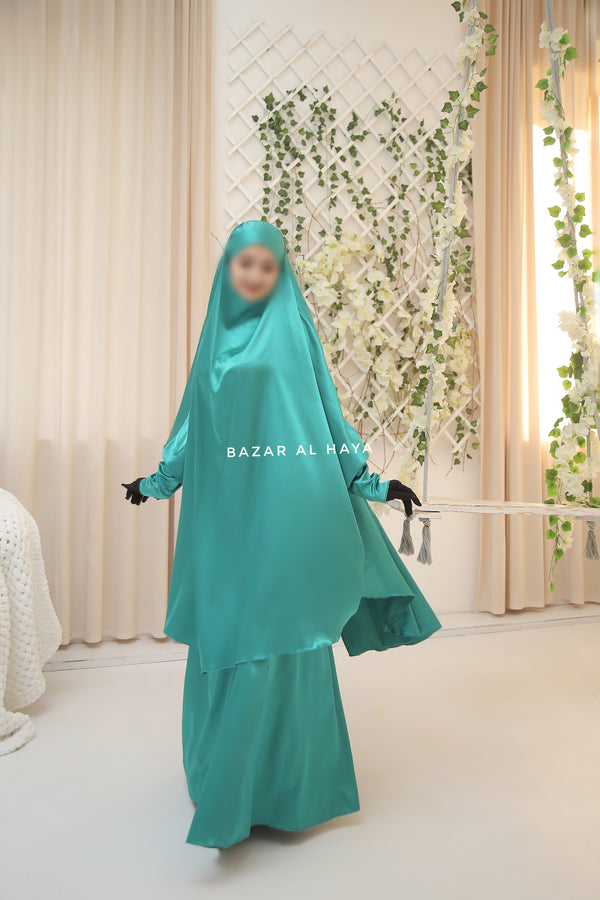 Teal Latifa Two Piece Satin Jilbab With Skirt - Long & Loose