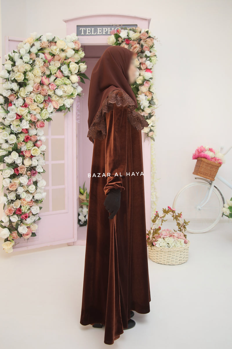 Pecan Nabeela Dress With Lace Shoulder Detail - Premium Velour