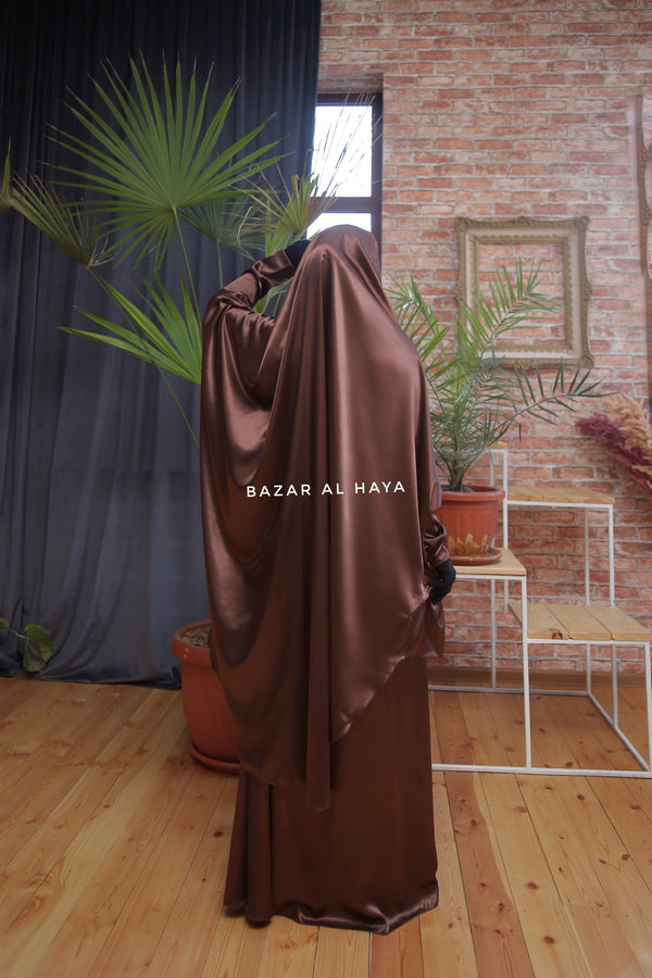 Chocolate Latifa Two Piece Satin Jilbab With Skirt - Long & Loose