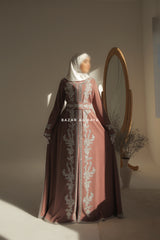Dusty Rose Duha Moroccan Embroidered LuxuriousKaftan  Abaya With Silk Dress & Belt Set - 3 Piece