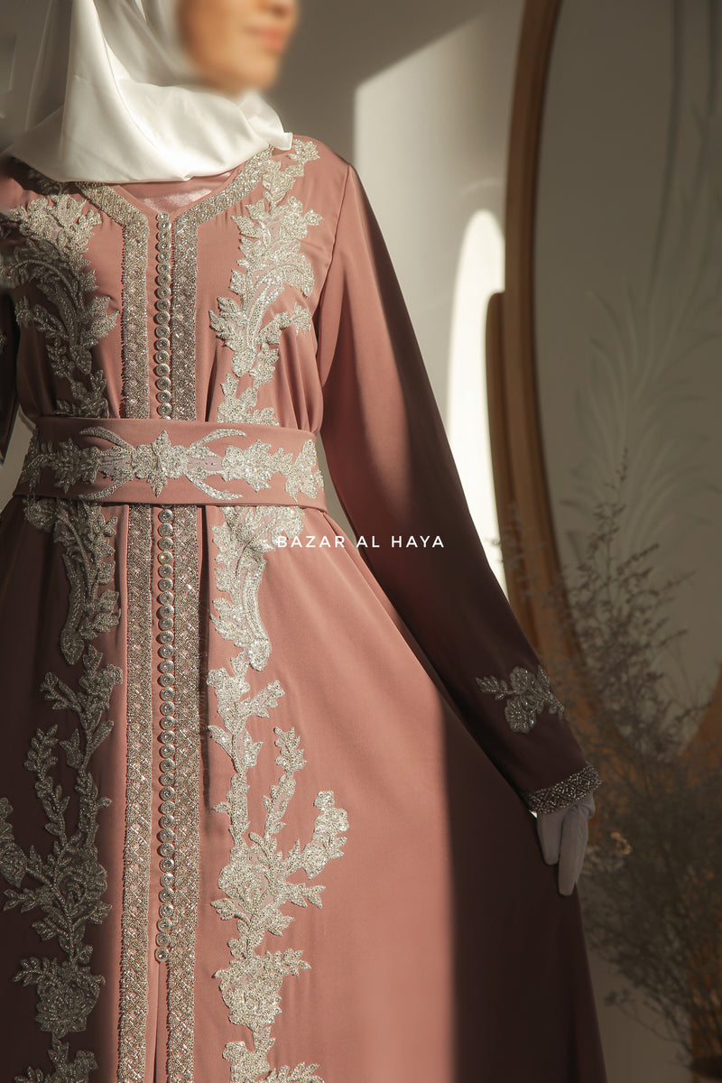 Dusty Rose Duha Moroccan Embroidered LuxuriousKaftan  Abaya With Silk Dress & Belt Set - 3 Piece